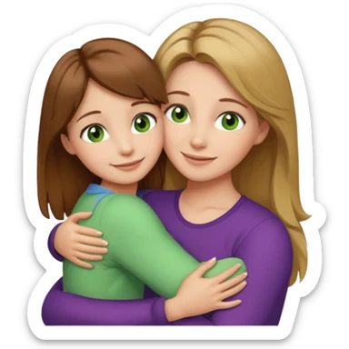 Maman cheveux marrons yeux marrons peau blanche et fille cheveux blond yeux verts peau blanche qui se font un câlin  sticker