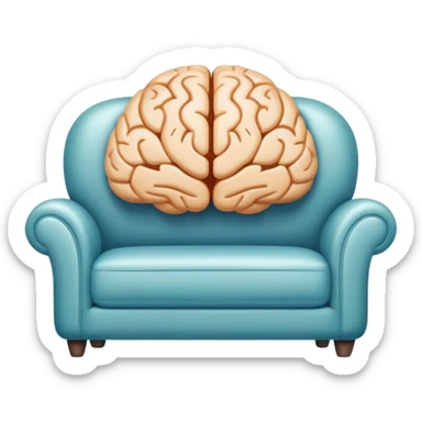 An icon featuring a brain, a couch, and a psychological test, symbolizing the study of psychology. The design includes abstract patterns representing the mind, with a calm, therapeutic setting in the background. Transparent background highlights the exploration of human behavior and mental health. sticker