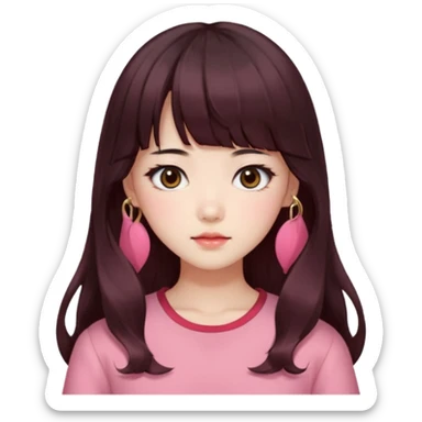 Korean girl, red top, black brown hair, brown eyes, long wavy hair, aesthetic, long hair, hime cut, blunt bangs, pink girl sticker