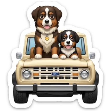 Cream colored ford bronco with no roof and an adult Bernese mountain dog in the seat sticker