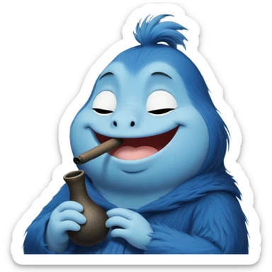 Cute emoji-style illustration of Morra (The Groke) from Moominvalley, smiling softly with closed eyes, holding a small smoking pipe. Her usual gloomy appearance is softened — dark blue or purple fur, round friendly face, tiny paws clutching the pipe. Wisps of smoke curl upward, adding a cozy vibe. Cartoonish, simple lines, vibrant colors, transparent background. Playful and whimsical, fitting Moomin's fairytale aesthetic. sticker