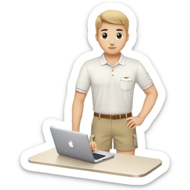Pool attendant supervisor. white polo shirt. khaki shorts. on the computer sticker