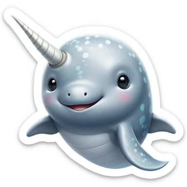 Cinematic Noble Cute Narwhal Portrait Emoji, Poised and graceful, with a streamlined, gently curved body clad in mottled, silvery-gray skin, accented by a long, spiraled ivory tusk and wide, expressive eyes radiating playful intelligence, Simplified yet sharp and sophisticated features, highly detailed, glowing with a cool, frosted ocean glow, high shine, intelligent and enigmatic, stylized with an air of whimsical marine majesty, focused and graceful, soft glowing outline, capturing the essence of a watchful and confident cute narwhal that appears ready to glide out of the screen with effortless charm! sticker