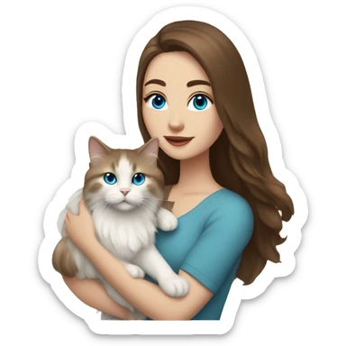 woman with long brown hair and holding a all white Siberian cat with blue eyes sticker