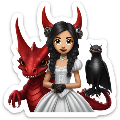 surprised Lavish Victorian evening gown with gloves, Jenna Ortega as Addams girl Jedi wearing a steampunk mini tiara, very large blood red evil-looking horned dragon sticker