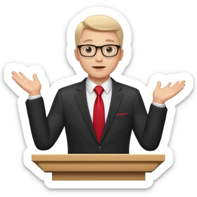 A professional clean-shaven man in a dark business suit and red tie standing behind a podium, confidently delivering a speech. Hands slightly open in a welcoming gesture, soft studio lighting, neutral dark background, friendly facial expression, glasses, elegant and corporate look. sticker