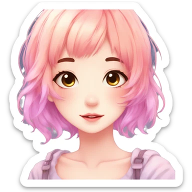 Gorgeous anime style shojo character with blushing face aesthetic and pretty colorful shiny gradient pastel hair trending style sticker