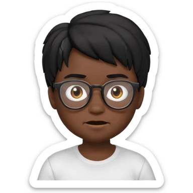 3D cartoon emoji portrait of a young character with black skin, messy black hair, big expressive brown eyes, wearing glasses and a white t-shirt, realistic shading, Pixar-style lighting, smooth texture, cute and slightly funny expression, high-quality render, white background, Apple Memoji style sticker