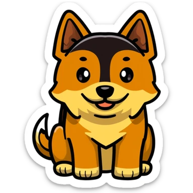 A hunting dog mixed with a pitbull dog. The dog is a golden brown color but has white on its chest with brown eyes sticker