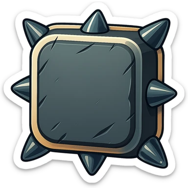 Add four short, fat spikes to each visible side edge of the metal slab (not the front face) in a retro sticker style. Keep the background transparent. sticker