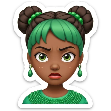 Create a 3D cartoon-style girl character with dark skin, round face, angry expression, big wide eyes, and tightly styled double buns made of green beaded hair. The girl should look irritated, eyebrows sharply angled, and lips pressed in a frown. sticker