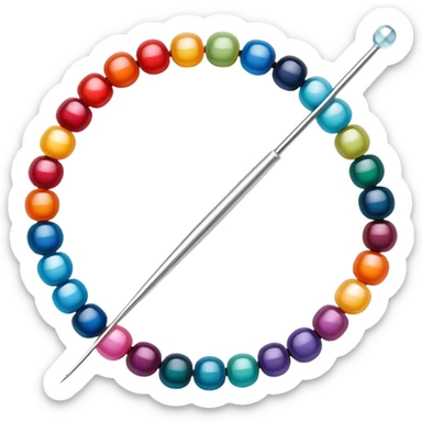 Create a harmonious and well-composed icon that represents the hobby of beadwork. The design should feature colorful beads, thread, and a beading needle or tool in a balanced arrangement. The elements should flow naturally, reflecting the creativity and precision of the craft. Ensure the composition is clean and aesthetically pleasing, with vibrant yet balanced colors. The background should be transparent. sticker