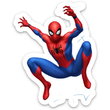 A high-quality die-cut sticker of Spider-Man in a dynamic web-swinging pose. Bold black outlines, classic red and blue suit, vibrant colors, Ben-Day dots textures. Flat 2D vector art style, white border around the edge, isolated on a plain white background, 4k resolution sticker