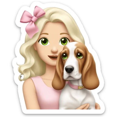 pale blonde girl with long platinum white wavy hair with bright green eyes and wearing a light pink hair bow holding a brown and white basset hound puppy also wearing a hair bow sticker