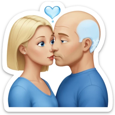 middle aged bald man with salt and blonde scruff, blue eyes and short haired blonde woman with blue eyes kissing each other sticker