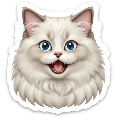 cinematic-adorable-big-eyed-fluffy-ragdoll-cat-portrait-emoji,-head-tilted-playfully-with-a-cute,-exaggerated-yawn,-white and grey fur,-simplified-yet-irresistibly-cute-features, blue eyes sticker