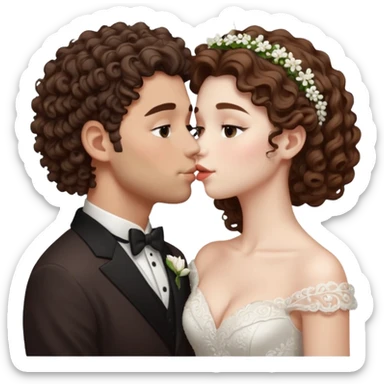A couple kissing, the man would be white-skinned, mid fade-curly, brown-hair. The serious woman with white skin, long hair and brown color sticker
