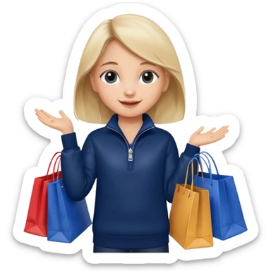 A little girl (he usually calls her baby), who is obsessed with shopping and luxury brands and holds a dozen of bags, she wears navy blue half zip sweater and holds 10 bags sticker