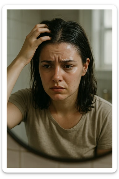 A realistic, cinematic portrait of a young woman in her late 20s sitting in front of a mirror, visibly frustrated. Her skin appears oily with a shiny forehead and cheeks, while her dark hair looks greasy and clumped, suggesting excessive sebum production. She lightly touches her scalp with concern while observing her reflection. Her expression is a mix of exhaustion and discomfort, emphasizing the emotional burden of these symptoms. The bathroom setting is softly lit with neutral daylight, reflecting a realistic environment. Subtle details such as small acne spots on the jawline and chin highlight androgen-related PCOS symptoms. Style: clean, detailed, 35mm realism with soft depth of field to keep focus on her expression and the greasy hair texture, while the background remains minimal to maintain emotional impact sticker