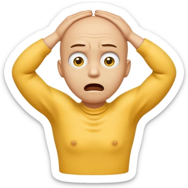 Yellow face emoji strangling itself with 2 arms crossed and hands saround neck and eyes looking up in fear sticker