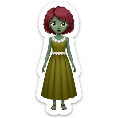 Faça uma garota com pele verde e que seja zombie, que tenha cabelo grande da cor vermelho marsala e que tenha uma franja e que seja liso mais enrolado nas pontas, e que esteja vestindo um sobre tudo(vestido sem alça) da cor branca  sticker
