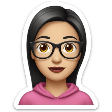 35-year-old woman, white complexion, long black straight hair, pink glasses, brown eyes, pink lips, profiled face. sticker