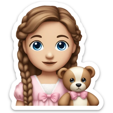 Little Girl with White skin, blue eyes. Long brown hair with two braids and two pink bows in it. She is wearing a pink and White dress, standing and holding on to a teddybear. sticker