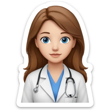 pretty female nursing student with long brown hair, blue eyes inside a classroom at university with blackboard behind her sticker