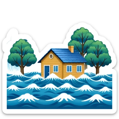 showing a flood disaster scene with powerful blue water waves overflowing around small houses and trees, dark cloudy sky, heavy rain falling, dramatic yet simple design sticker