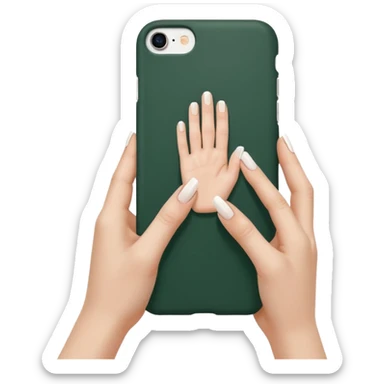female hand with nude manicure (5 fingers) holding a white iPhone in a dark green case, very minimalist sticker