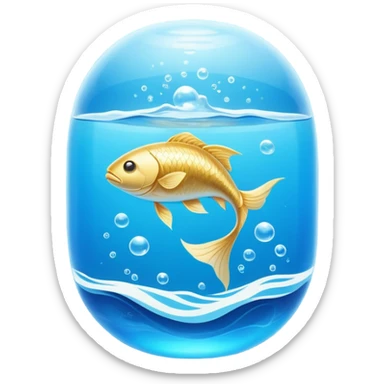 Golden omega-3 capsule floating in blue liquid currents, with an ethereal fish gently spinning around a radiant brain. Blue water waves expand from the brain, promoting mental clarity, emotional calm, and cardiovascular fluidity. sticker
