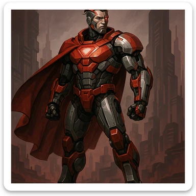 Scarlet Duke from the future, cybernetic enhancements, red and silver color scheme, heroic stance sticker