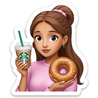 Ariana Grande holding a glazed donut and a Starbucks cup sticker