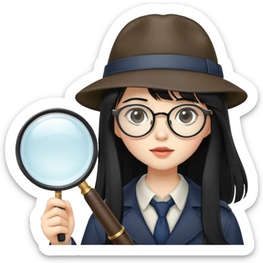 asian pale skin girl with long black hair and bangs and glasses holding a magnifying glass wearing a detective hat sticker