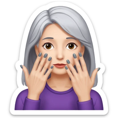 woman with gray hair and hand covering face sticker