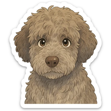 close-up portrait of Lagotto Romagnolo dog, fluffy roan fur, expressive eyes, ghibli style sticker