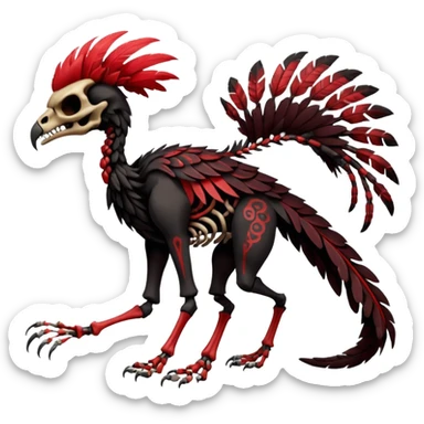 Rare realistic dark edgy evil tribal patterned red-feathered skeletal badass epic handsome gorgeous aesthetic black-skulled Vernid-Trico-species-Fakemon-creature by LiLaiRa, 4 legs, 1 tail, random markings, (full body) sticker