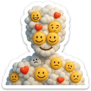 person composed entirely of volumetric emoji clouds, shoulder view, looking straight ahead sticker