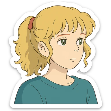 ghibli style character with blonde, curly shoulder-length hair tied back with a red scrunchie, pale white skin, pale green eyes sticker