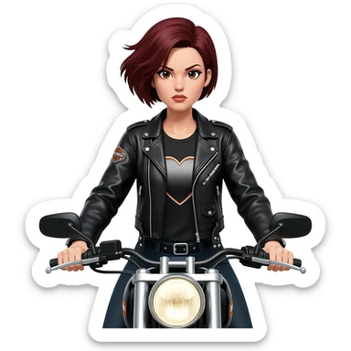 A female Harley rider with very short mahogany-coloured hair (no bob), a tough, badass expression, dressed in biker gear, riding a Harley-Davidson Fat Boy, with a heart. sticker
