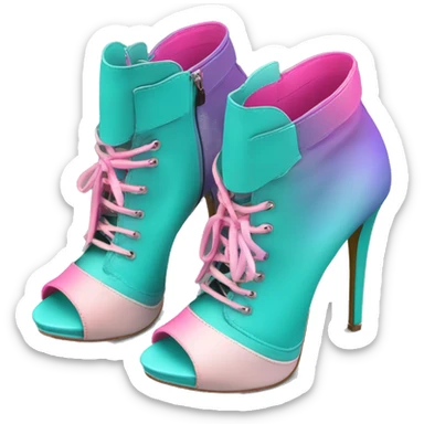 Realistic isolated top view of a pair of dark turquoise,pastel pink and pastel purple ombre peep toe high heel ankle boots. sticker