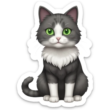 full body view of beautiful female solid dark grey cat with green eyes, white toes and white patch on chest sticker