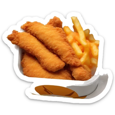 3 chicken tenders with crinkle fries and orange sauce on the side in a styrofoam container styrofoam container sticker