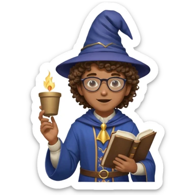 A Joyful Teen Male with Brown skin and Curly hair, wearing a Traditional outfit, a Wizard hat, Sunglasses, carrying a Spellbook, working as a farmer, while drinking Coffee and reading a Textbook. sticker