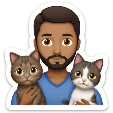 Make a couple and a cat emoji. The first person is a man with dark brown hair and a beard that’s not to long. The other person is a woman with even darker brown hair and is a little brown skinned but not much. The cat is 15weeks so little and grey and white with a little brown on her face and chest sticker