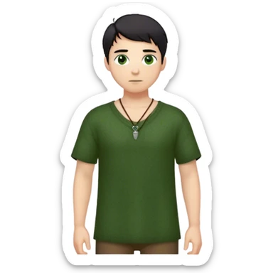 medieval outfit worn by a DnD themed fantasy character. basic short-sleeved wool tunic with a long-sleeved undershirt and a simple leather cord necklace. clothes only above the waist. The clothes full waist. The character's haven't arms. character is messy black hair green eyes short hair light-skinned man. sticker