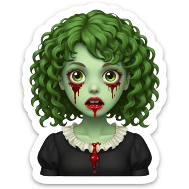 Green zombie emoji girl with curly Brown hair, with curly bangs, wearing a black bluse, blood Just in the tongue  sticker