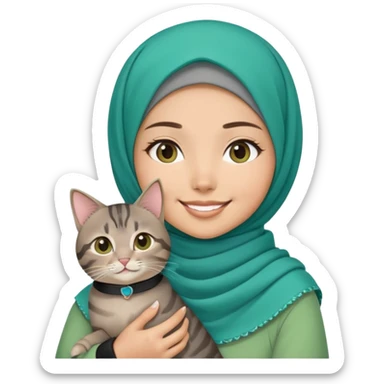 Asian White girl wearing cute green hijab holding a black grey tabby cat while smiling. The cat is wearing a blue collar sticker