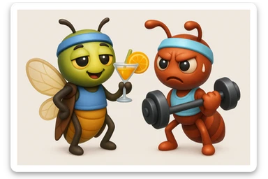 EMOJI STILE IPHONE 3D DI UNA CICALA E UNA FORMICA IN ABITI FITNESS, LA CICALA HA IN MANO UN COCKTAIL MENTRE LA FORMICA HA IN MANO UN MANUBRIO DA PALESTRA. L'IMMAGINE RAPPRESENTA IL FATTO CHE LA FORMICA VOGLIA IMPEGNARSI REALMENTE PER CAMBIARE IL SUO FISICO MENTRE LA CICALA SI VUOLE DIVERTIRE E NON CONCLUDE NULLA ALLA FINE sticker