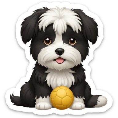 black and white Havenese dog standing with ball sticker